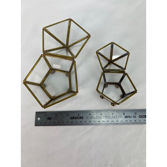 Set of 2 VTG Geometric Glass and Brass Jewelry Boxes 3.5 and 2.5" for Home Decor - Picture 4 of 5